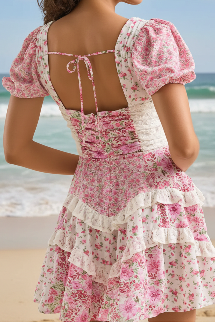 Pink floral puff sleeve dress - beach back view
