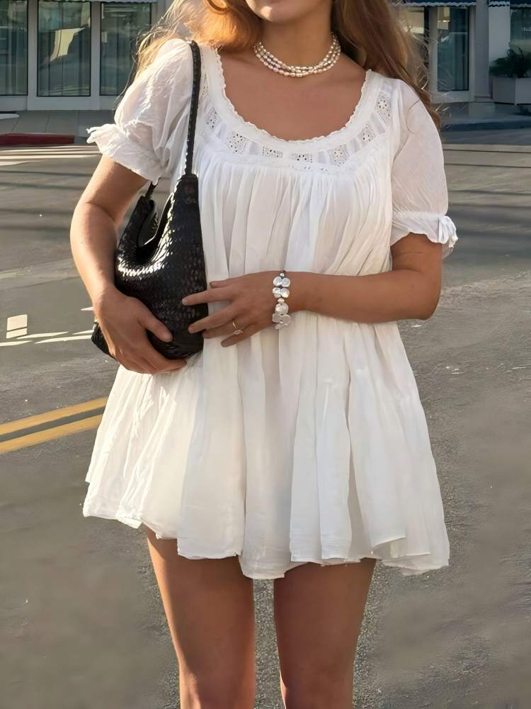 Eyelet Embroidery Puff Sleeve Babydoll Mini Dress