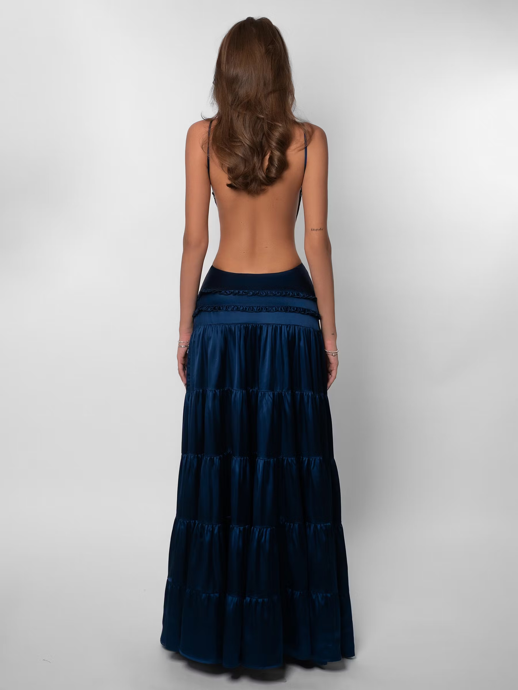 Deep V Backless Tiered Satin Maxi Dress