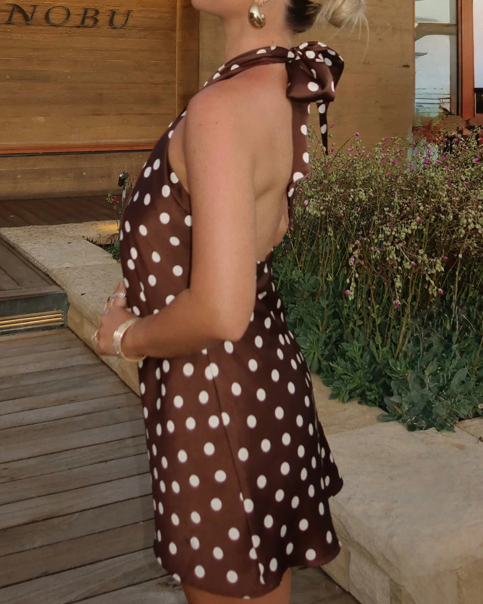 Chocolate Brown Polka Dot Cross Halter Mini Dress