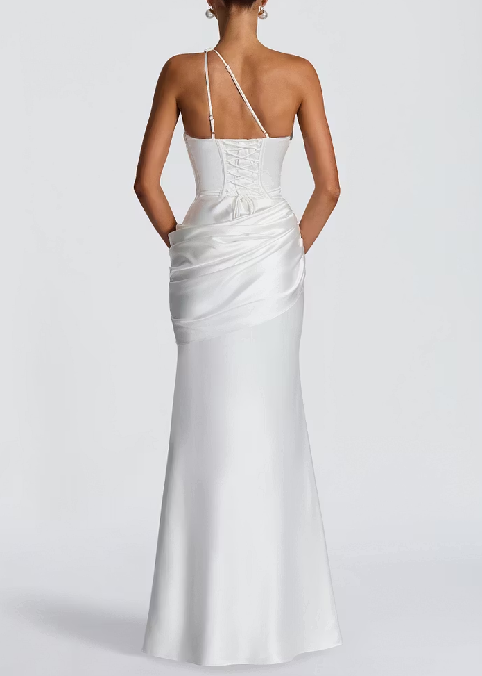 One Shoulder Cutout Ruched Satin Maxi Gown