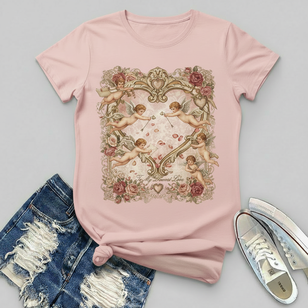 Women's Vintage Valentine's Day Timeless Love Angel Print T-shirt
