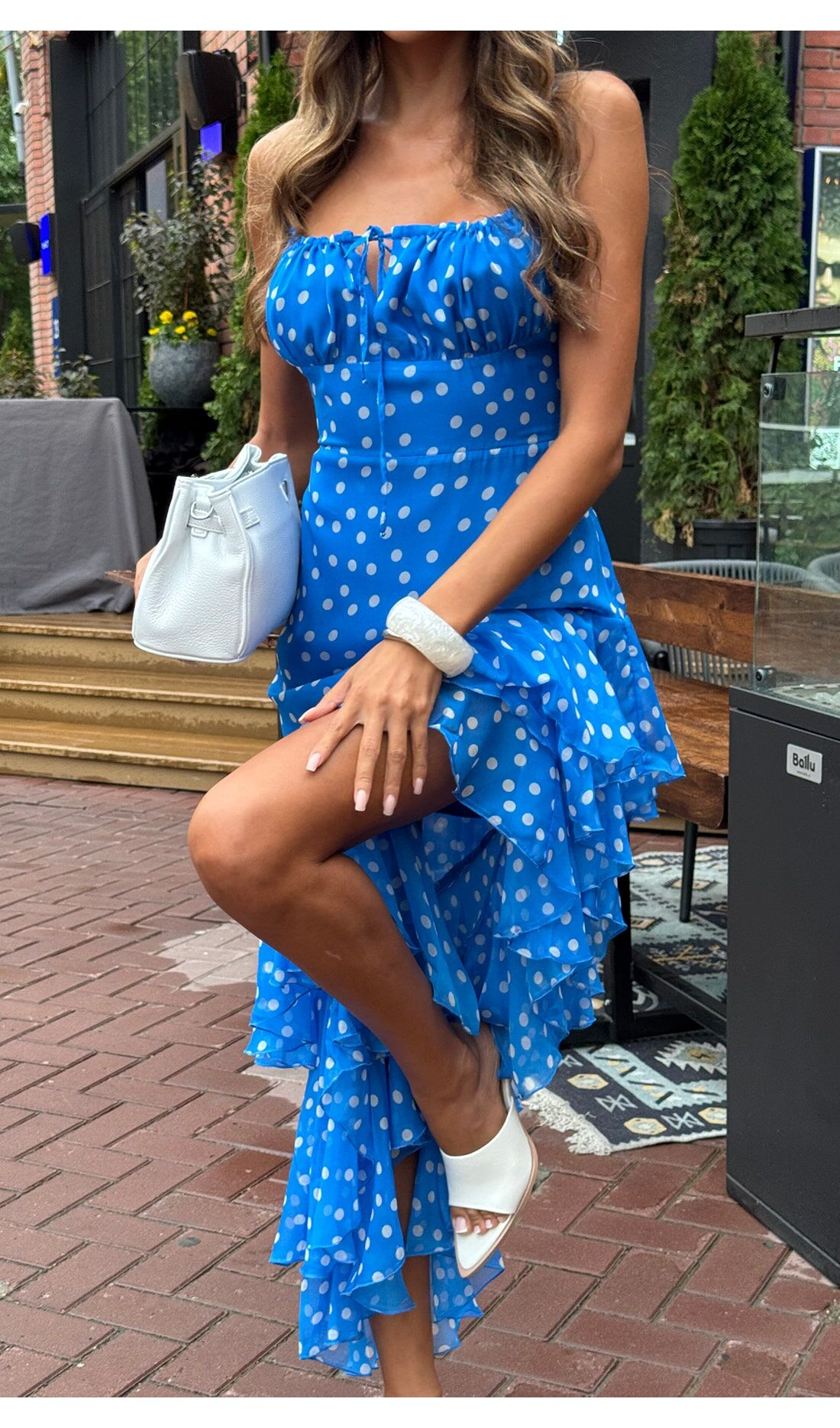 French Vintage Polka Dot Cami Waist-Cinching Asymmetric Ruffle Mermaid Maxi Dress