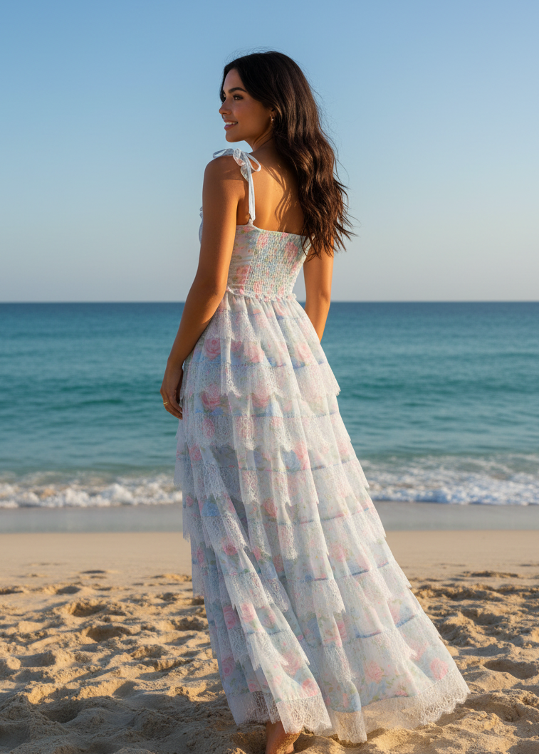 Blue pink floral tulle tiered maxi dress - beach back view new model