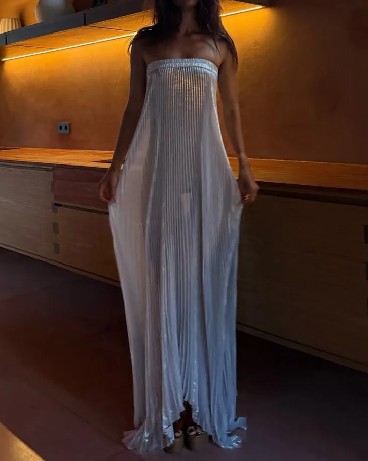 Shimmer Pleated Strapless Maxi Dress