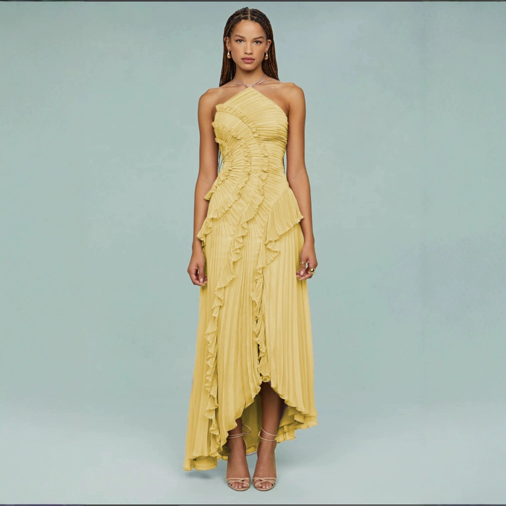 Dream Ode Lily Pad Style Pleats and Ruffles Halter Gown Maxi Dress