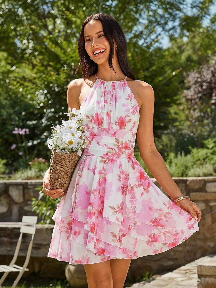 Pink Floral Halter Neck Tiered Chiffon Mini Dress