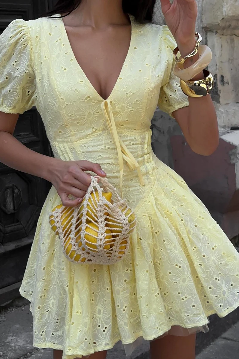 Yellow Eyelet Embroidery Puff Sleeve Mini Dress