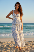 Blue toile floral tiered ruffle maxi dress - beach front view new model