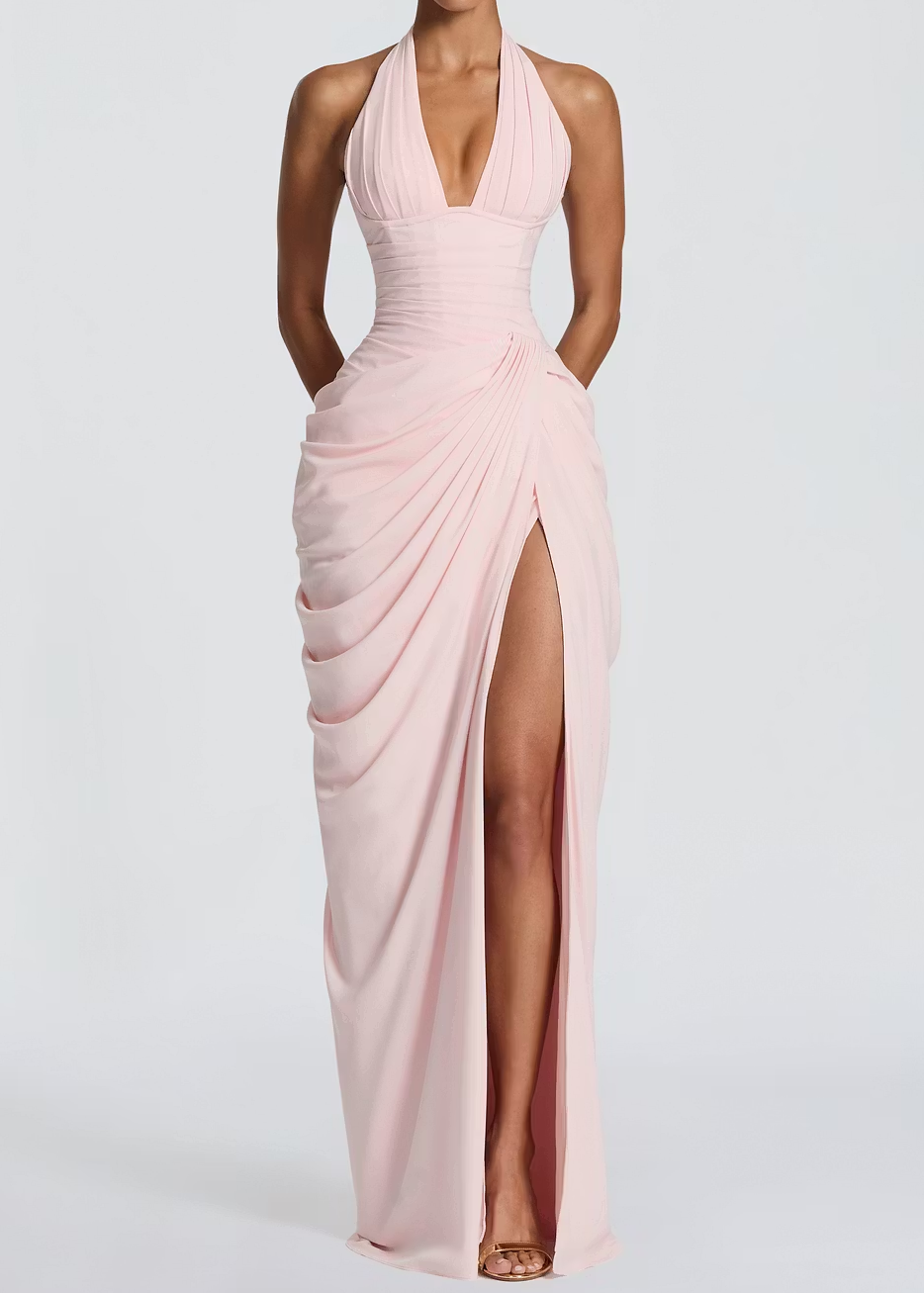 Deep V Halter Neck Draped Slit Maxi Gown