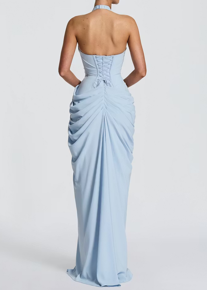 Deep V Halter Neck Draped Slit Maxi Gown