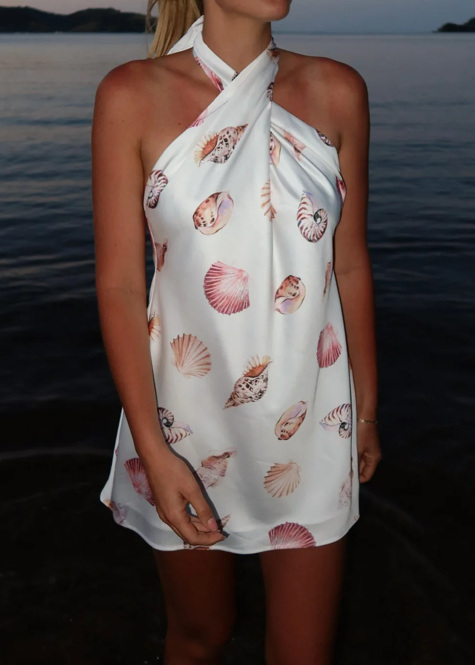 Seashell Print Cross Halter Mini Dress