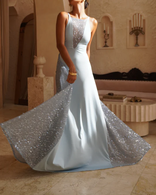 Light Blue Halter Neck Open Back Sequin Panel Drape Maxi Dress | Luxury Elegant Evening Gown