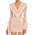 Blush pink floral lace ruffle V-neck flare sleeve ruched mini dress - front view on white background showing cascading ruffle neckline sheer lace sleeves tiered cuffs and scalloped hem with gold pendant necklace