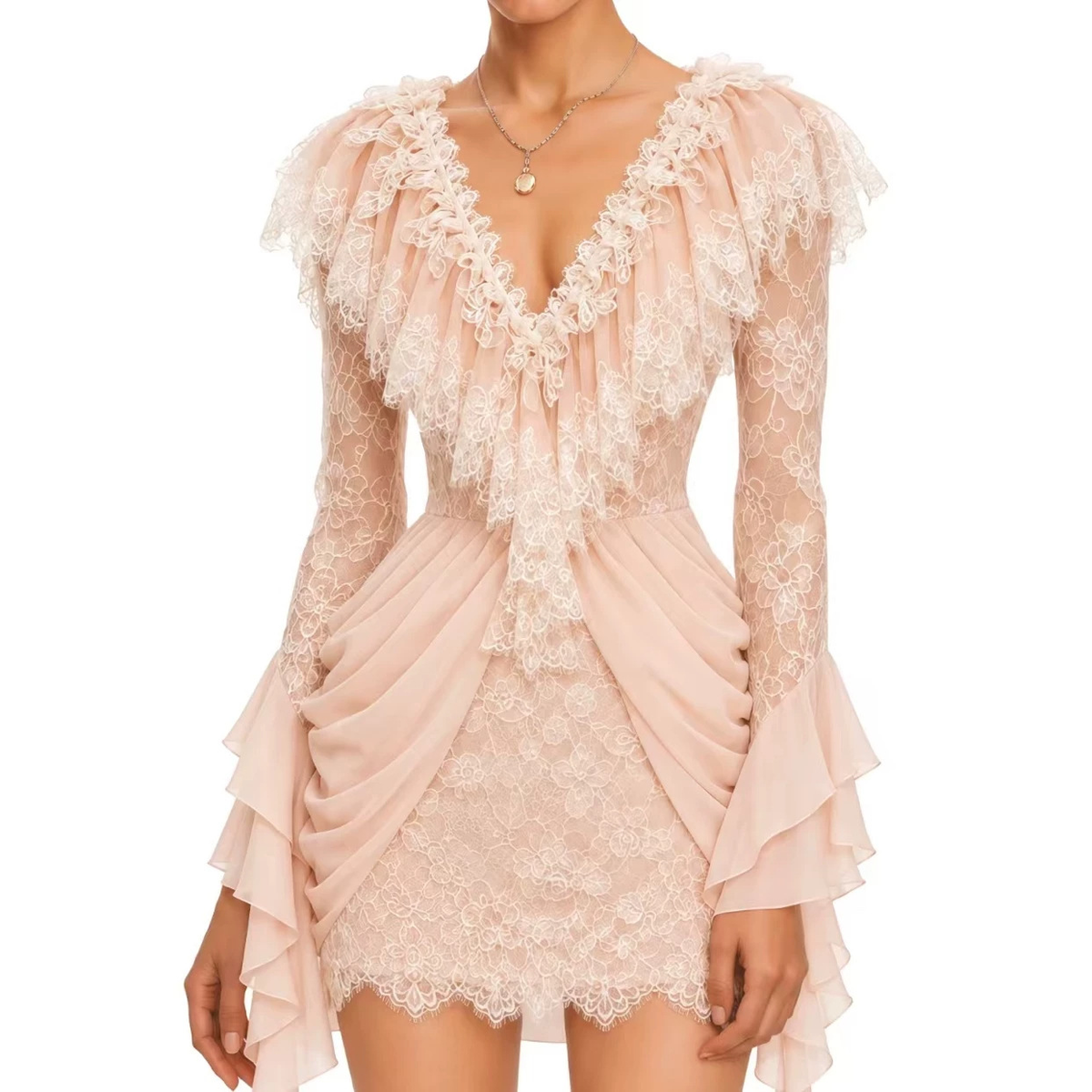 Blush pink floral lace ruffle V-neck flare sleeve ruched mini dress - front view on white background showing cascading ruffle neckline sheer lace sleeves tiered cuffs and scalloped hem with gold pendant necklace
