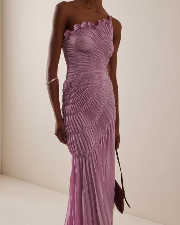 Lilac sculptural pleated dress with asymmetric ruffled neckline, detail view