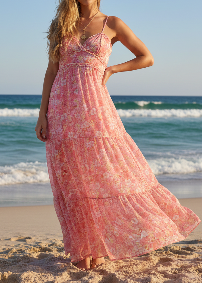 Pink floral maxi dress - beach front view new model