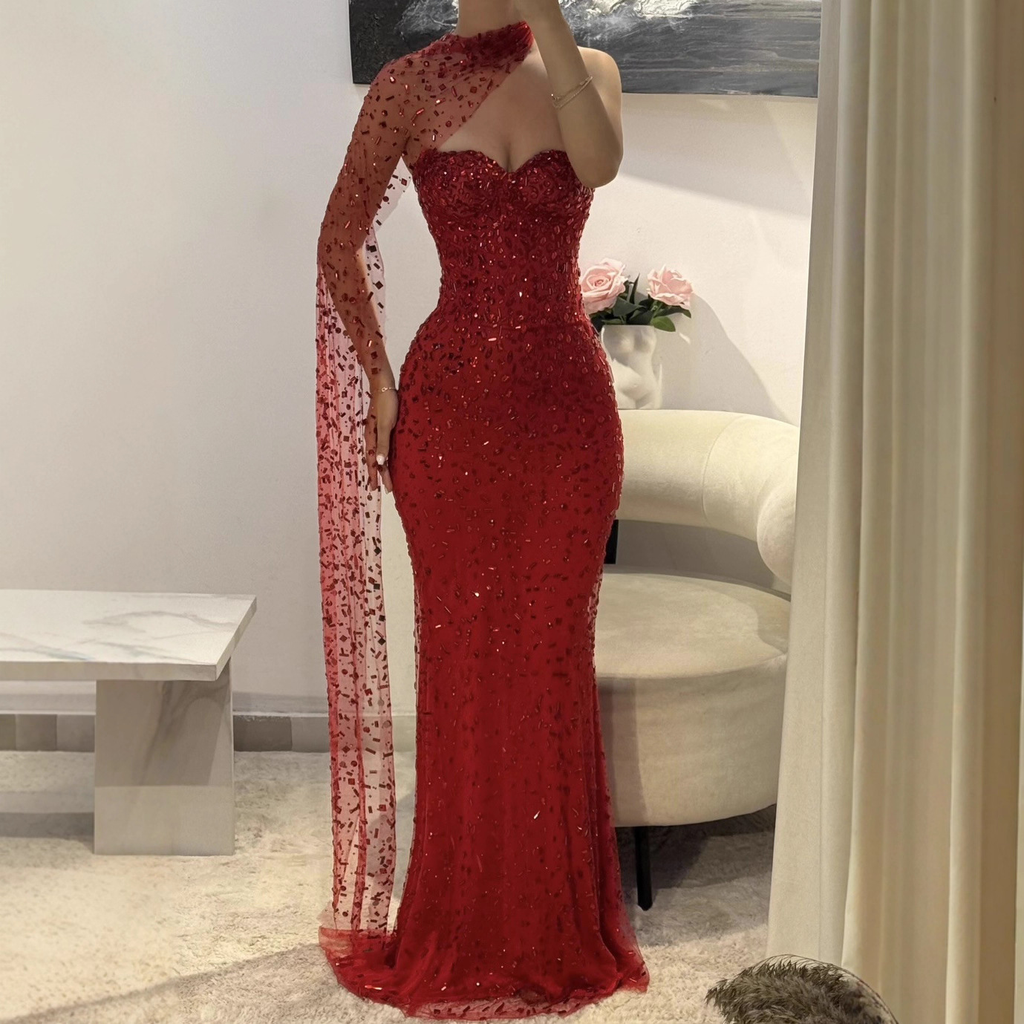 Crystal Beaded Sweetheart Mermaid Gown with Cape Sleeve
