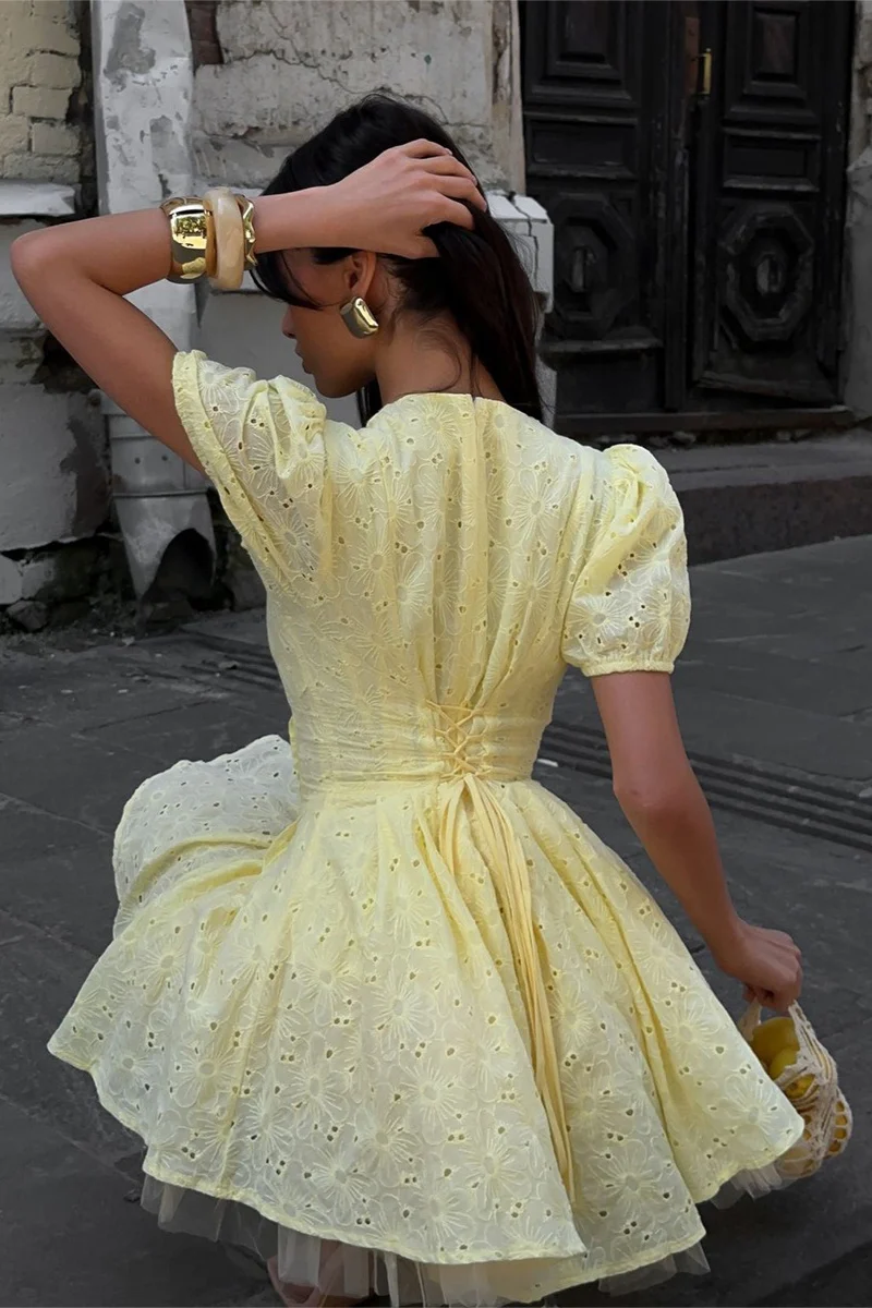 Yellow Eyelet Embroidery Puff Sleeve Mini Dress