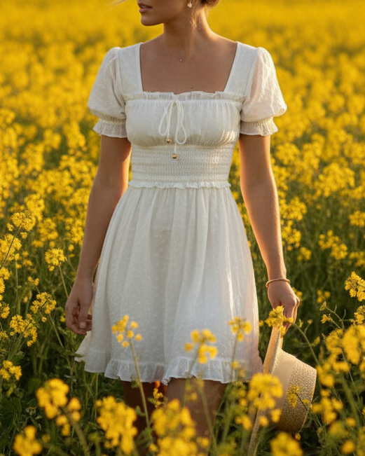 White ruffle mini dress in rapeseed flower field - front