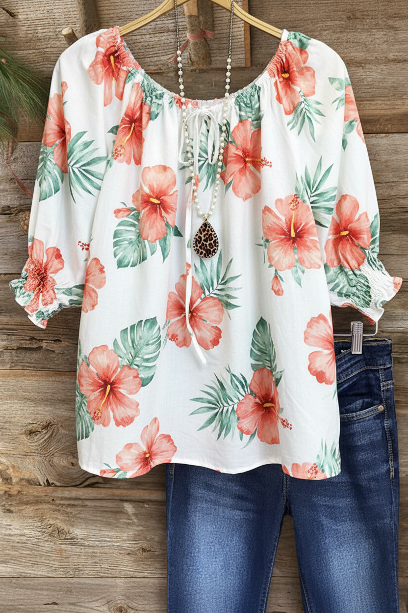 Watercolor Hibiscus Peasant Blouse