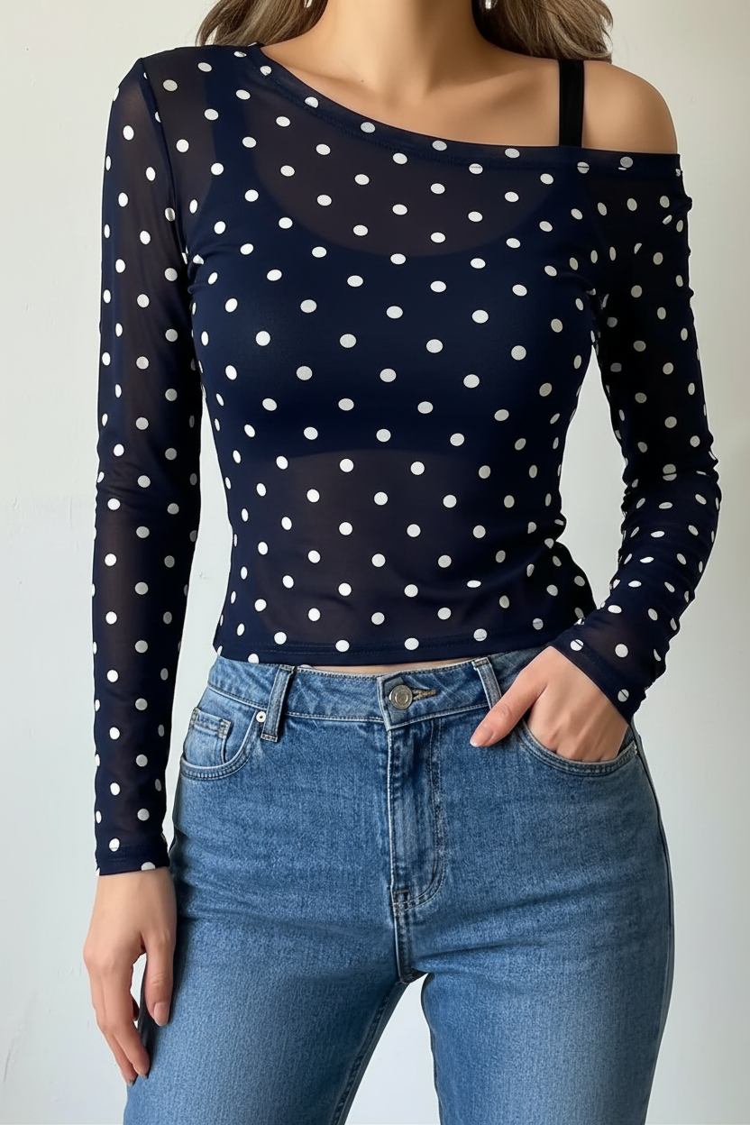 Navy blue polka dot cold shoulder long sleeve top