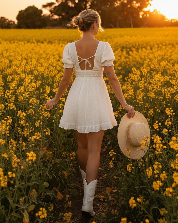 White ruffle mini dress in rapeseed flower field - back