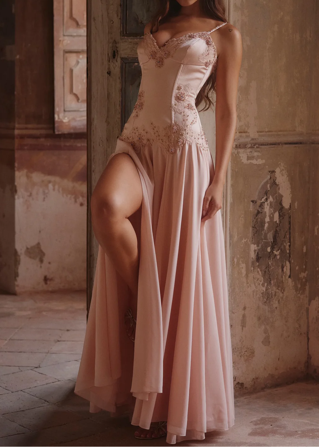 Rose Gold Embroidered Corset Slit Maxi Gown