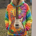 Vintage Guitar Quilted Hoodie - Woodstock Hippie Music Sweatshirt