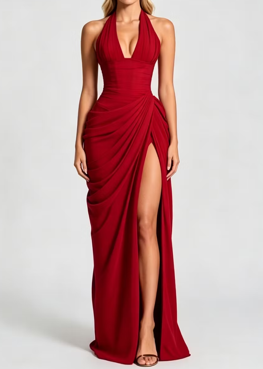 Deep V Halter Neck Draped Slit Maxi Gown