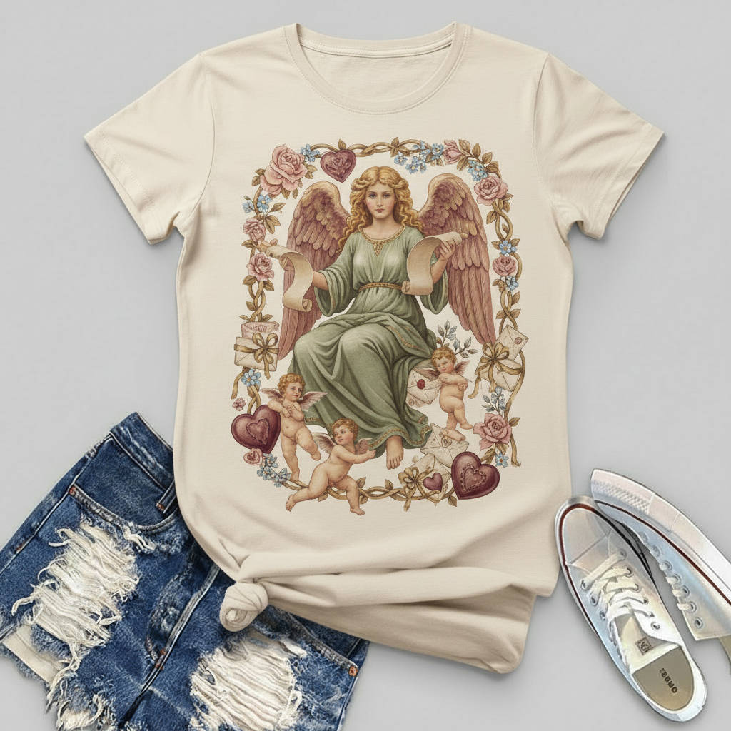 Women's Vintage Valentine's Day Hand-Painted Angel Print T-shirt - New Design