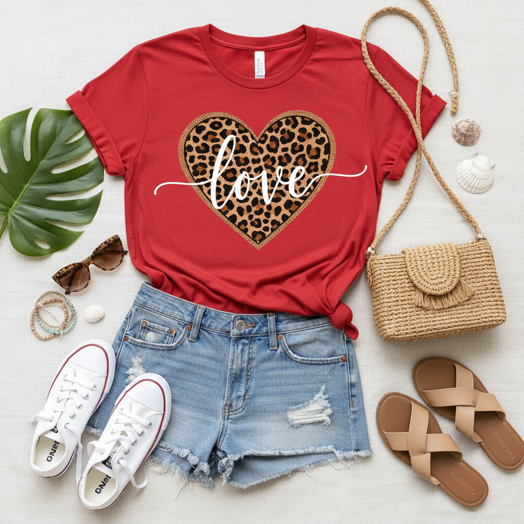 Leopard Heart Love Print Short Sleeve T-Shirt - Valentine's Day Edition