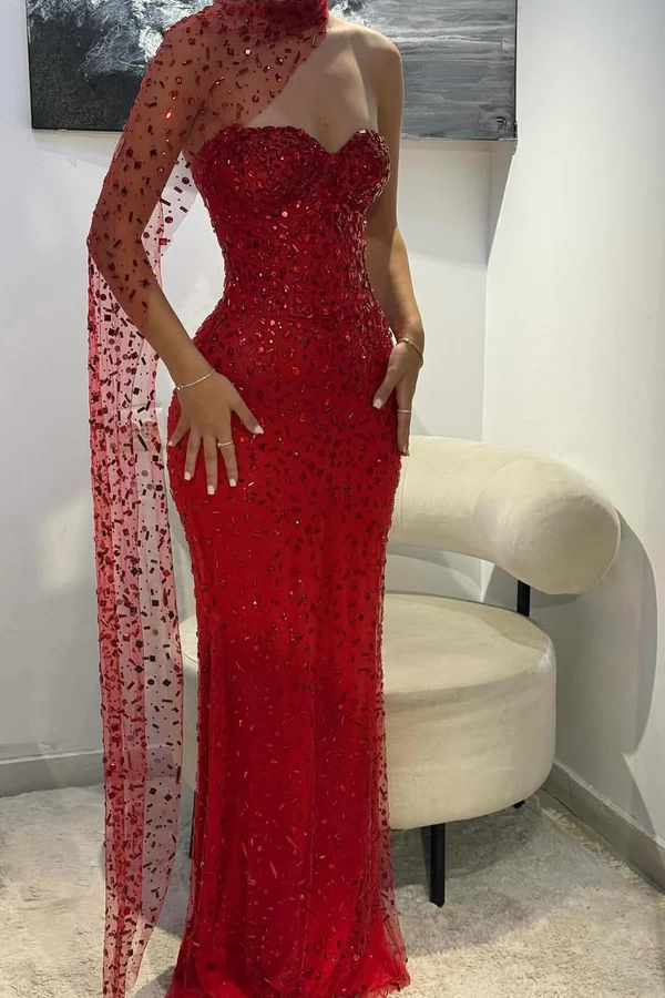 Crystal Beaded Sweetheart Mermaid Gown with Cape Sleeve