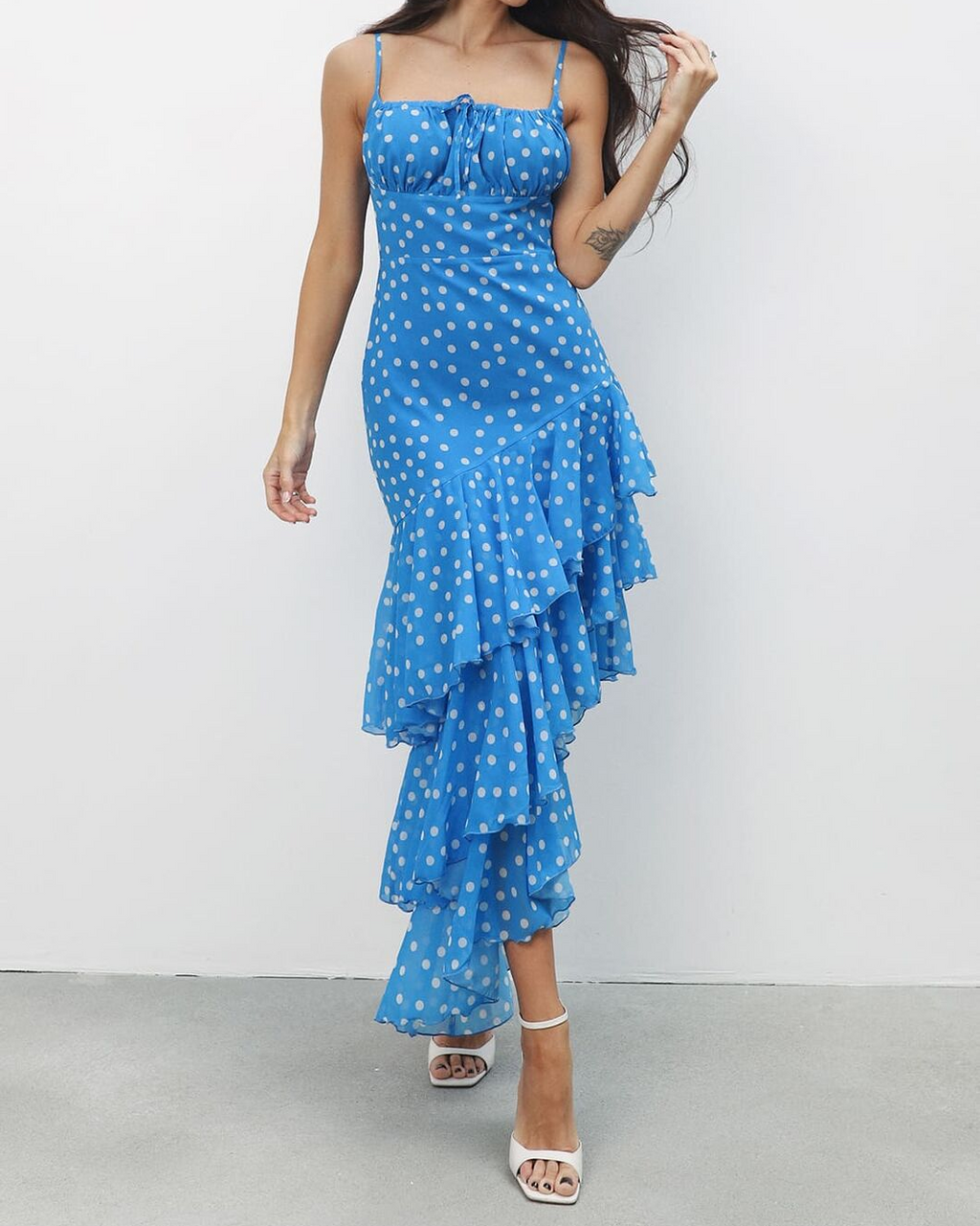 French Vintage Polka Dot Cami Waist-Cinching Asymmetric Ruffle Mermaid Maxi Dress
