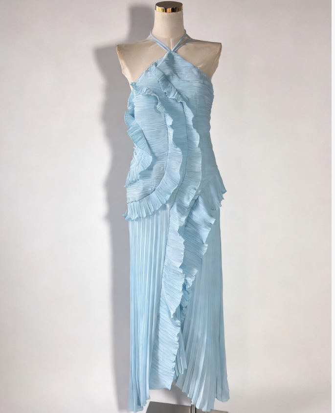 Dream Ode Lily Pad Style Pleats and Ruffles Halter Gown Maxi Dress