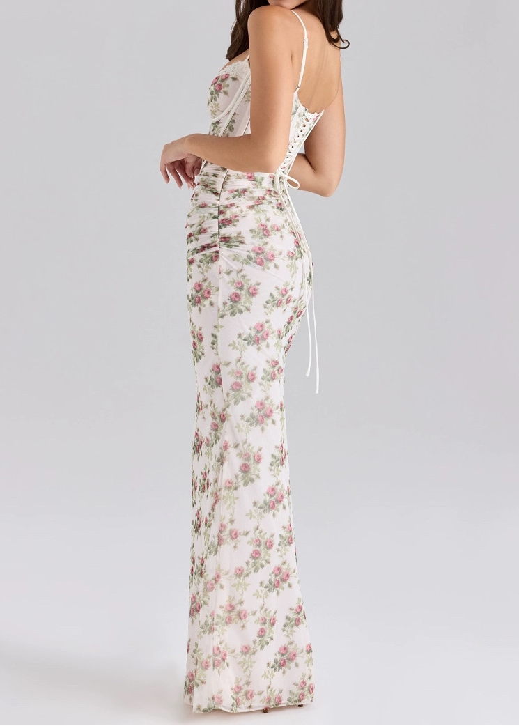 Floral Mesh Lace Corset Ruched Mermaid Maxi Dress