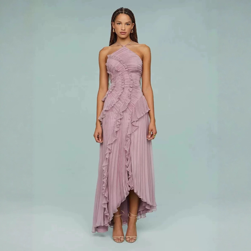 Dream Ode Lily Pad Style Pleats and Ruffles Halter Gown Maxi Dress