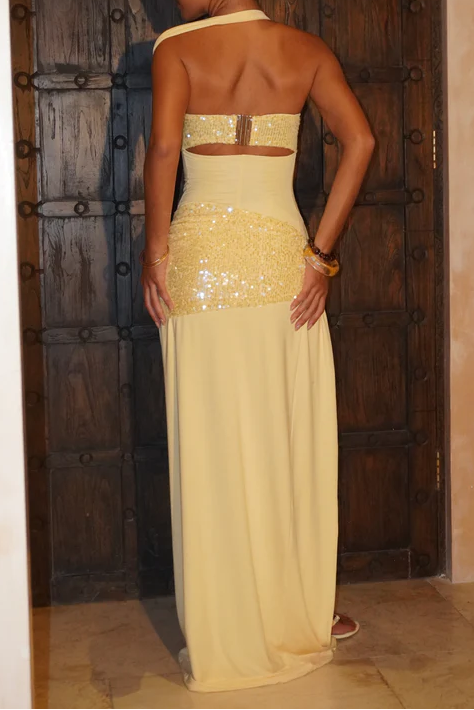 Cream Yellow Halter Backless Sequin Waist-Cinching Split Maxi Dress