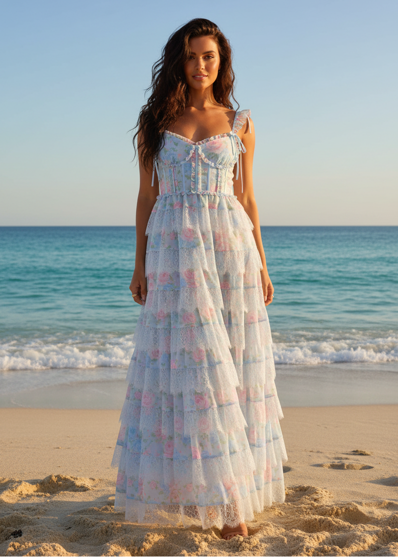 Blue pink floral tulle tiered maxi dress - beach front view new model
