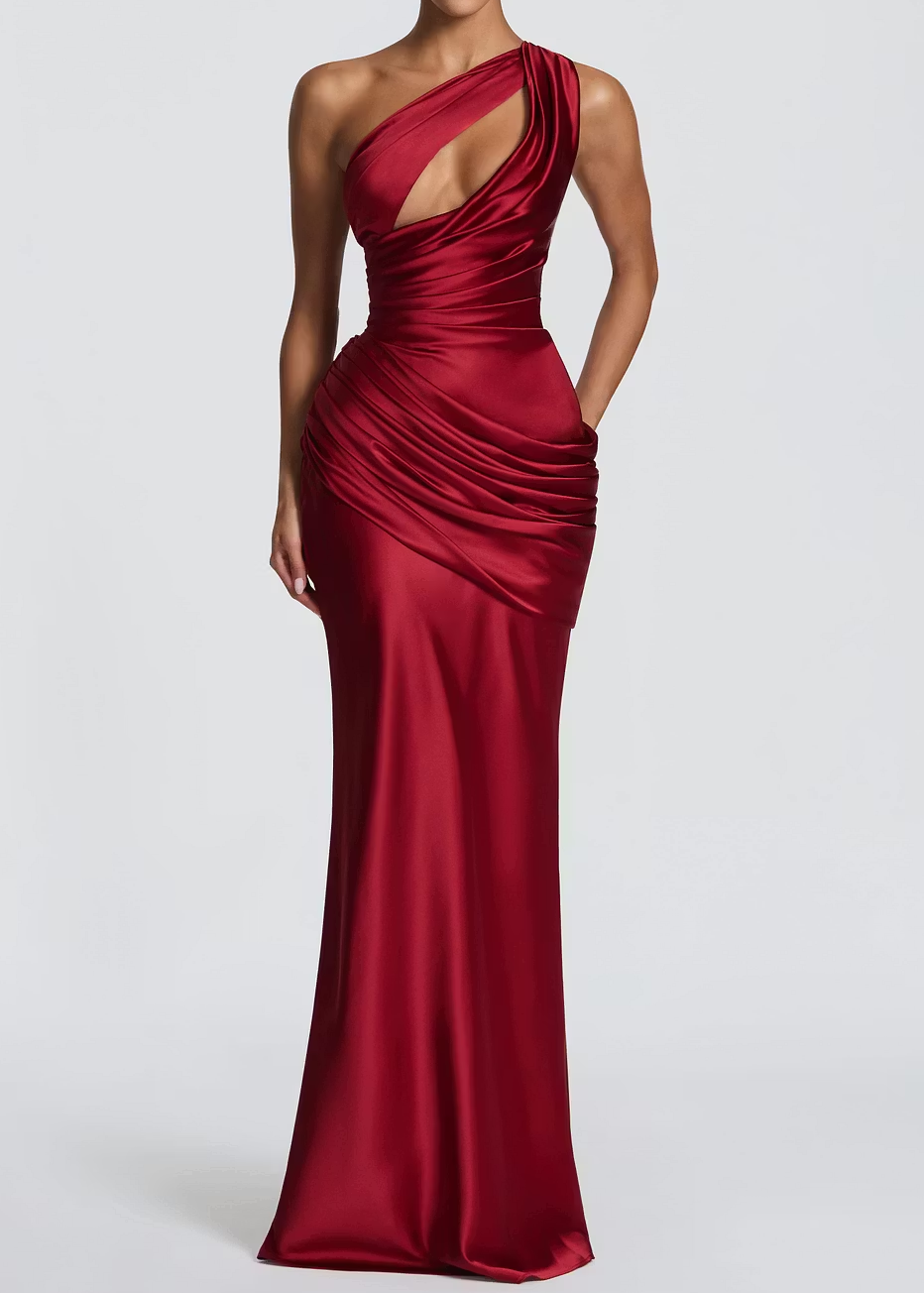 One Shoulder Cutout Ruched Satin Maxi Gown