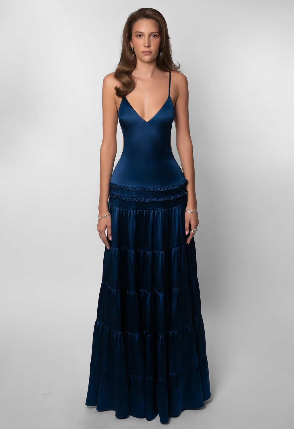 Deep V Backless Tiered Satin Maxi Dress