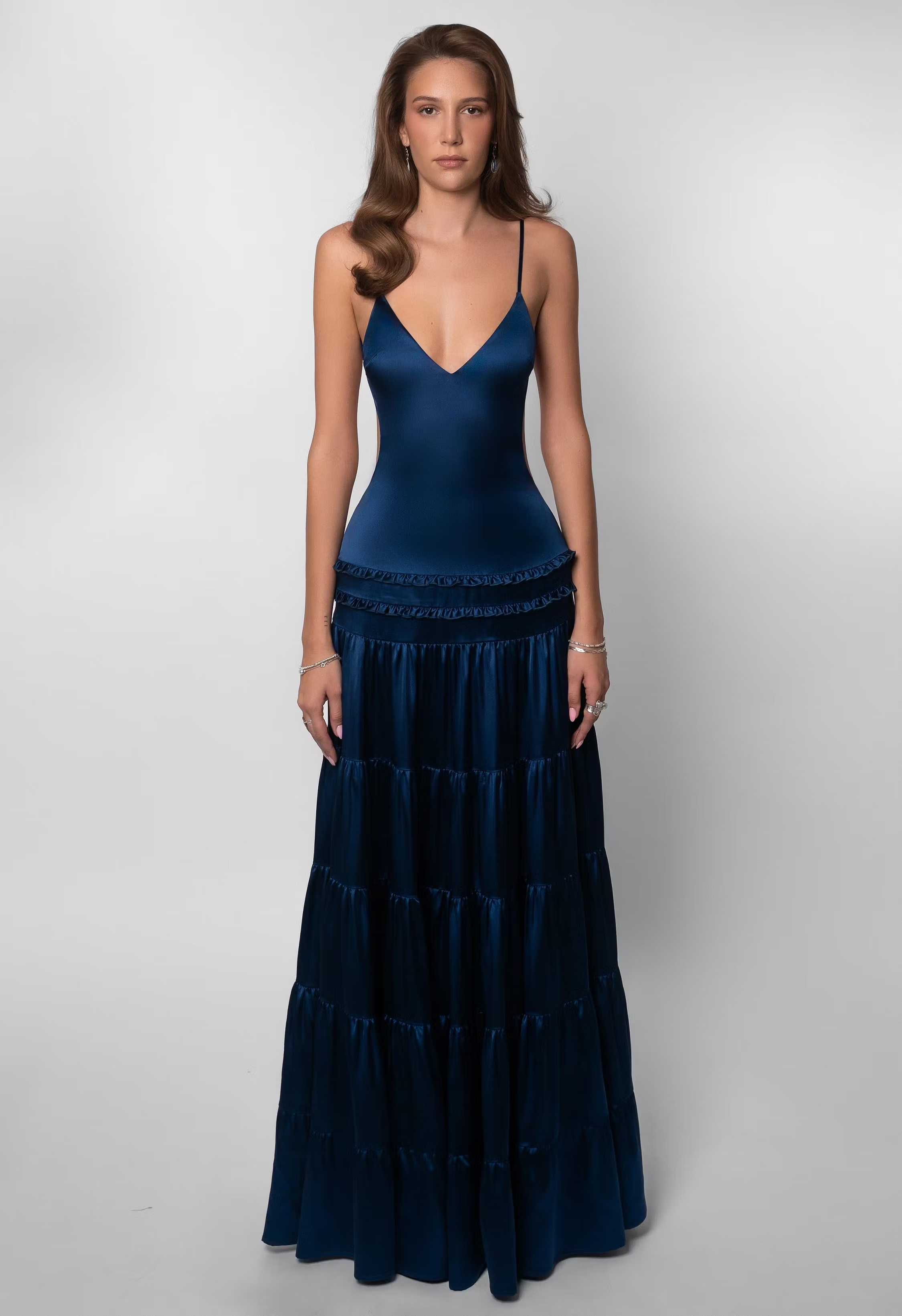 Deep V Backless Tiered Satin Maxi Dress