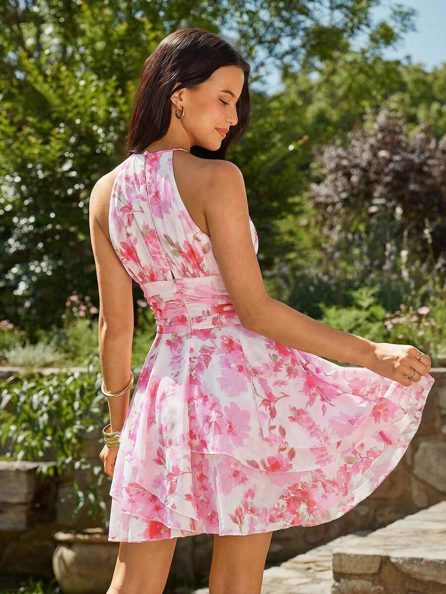 Pink Floral Halter Neck Tiered Chiffon Mini Dress