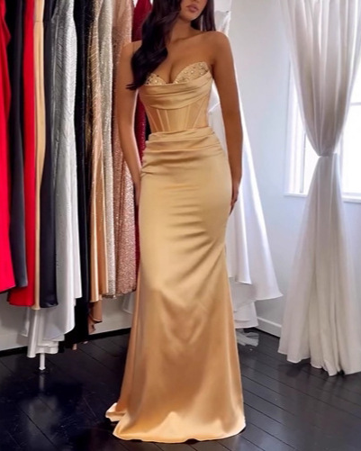 Champagne gold embellished strapless corset-style maxi dress, full-length front view