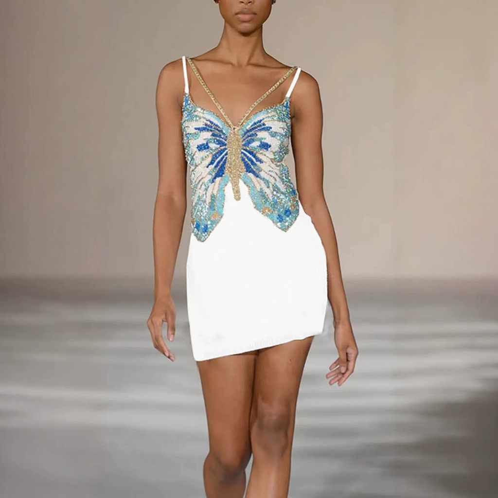 Butterfly Sequin Deep V Mini Dress