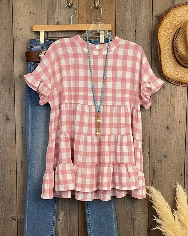 Pink Gingham Ruffle Tiered Babydoll Top - Western Style