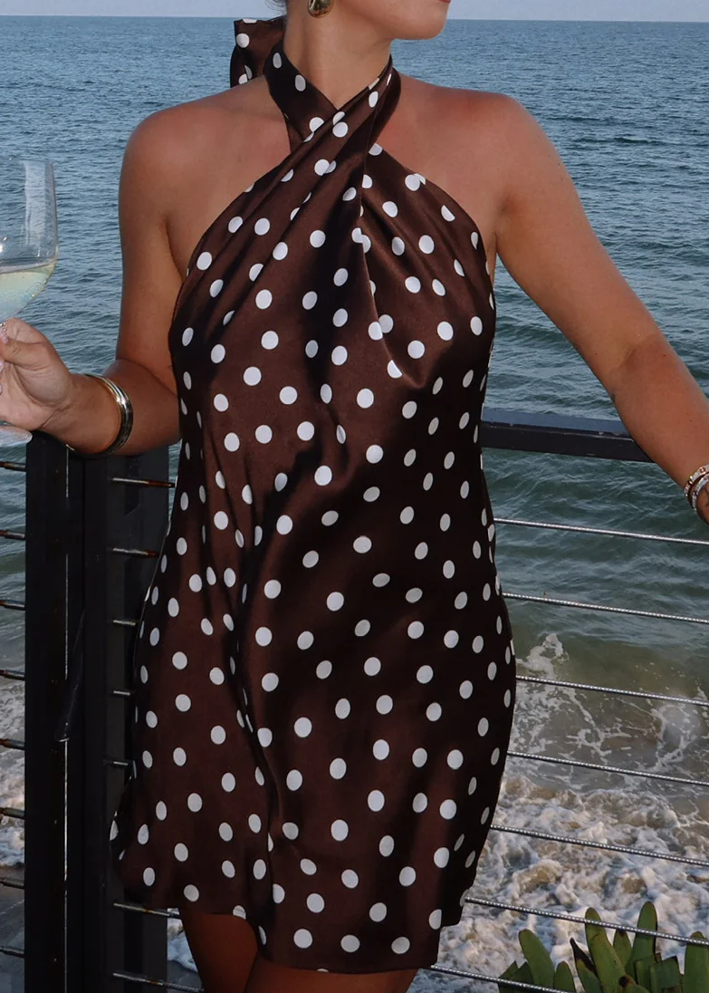 Chocolate Brown Polka Dot Cross Halter Mini Dress