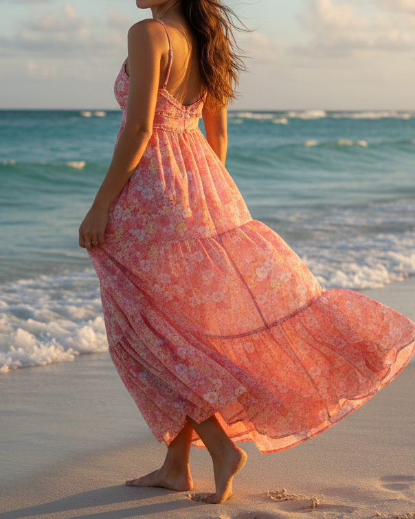 Pink floral maxi dress - beach back view new model