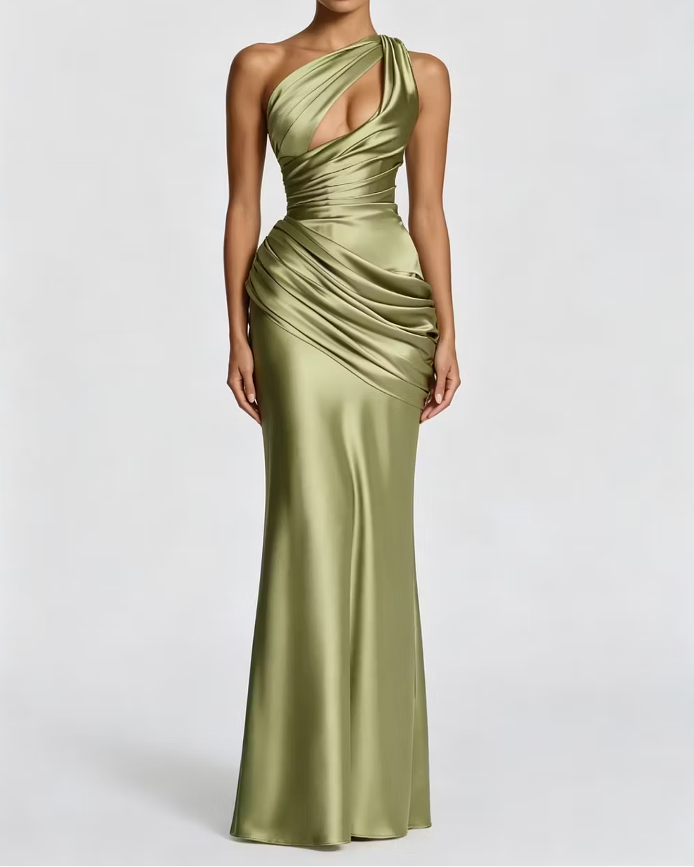 One Shoulder Cutout Ruched Satin Maxi Gown