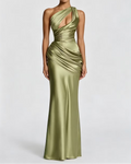 One Shoulder Cutout Ruched Satin Maxi Gown
